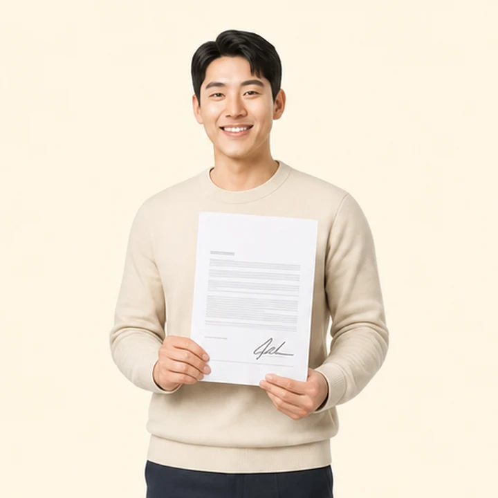 신용불량자 그랑콜레오스 장기렌트 서면 견적서를 들고 있는 고객